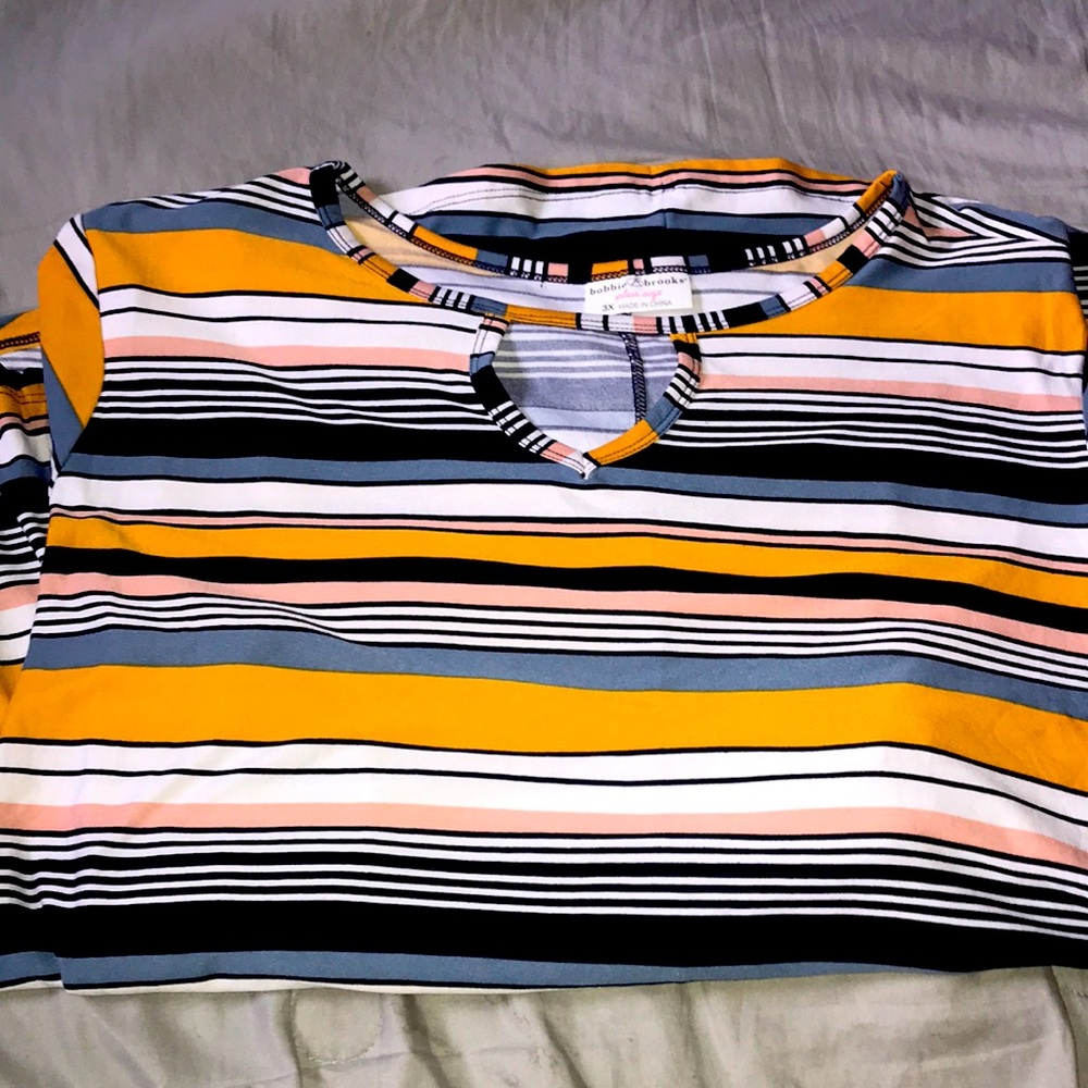 orange, blue, and peach striped top